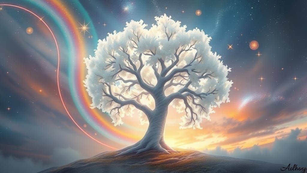 Ethereal Tree Radiates Rainbow Light at Universe Center