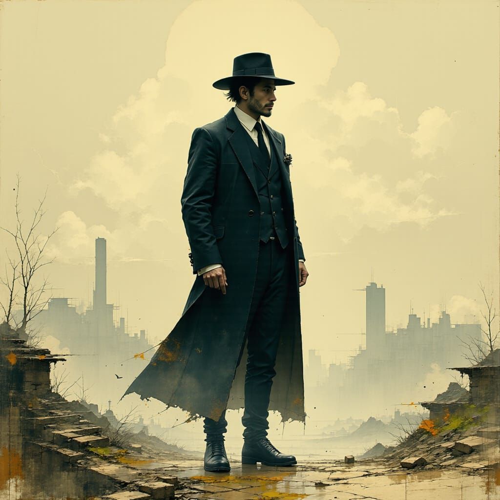 Dignified Figure in War-Torn Landscape, Detailed Art