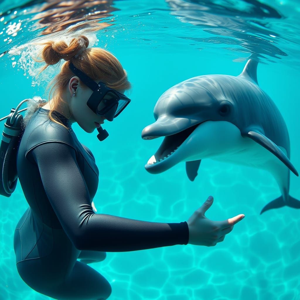Diver and Dolphin in Crystal-Clear Water