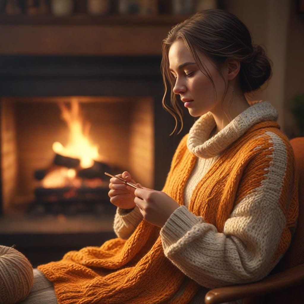 Cozy Tradwife Knitting by Fireplace: Hyperrealistic Concept ...