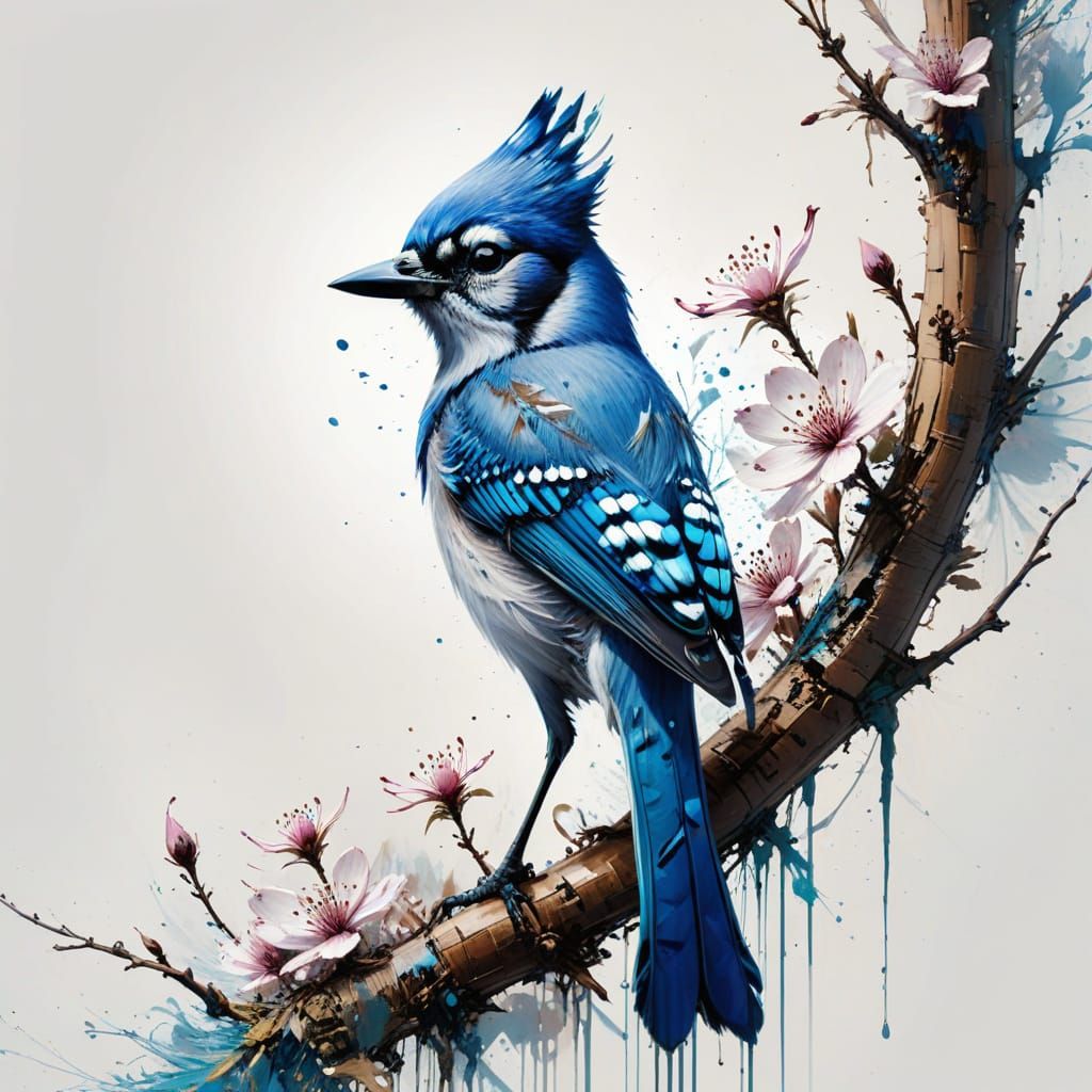 Enchanting Whimsical Bluejay in Blossom Tree Surrounds