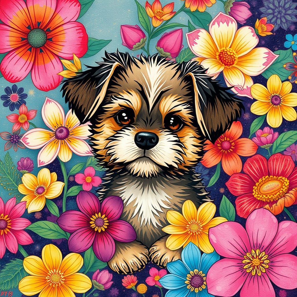 Whimsical Puppy Dog in Vibrant Floral Wonderland