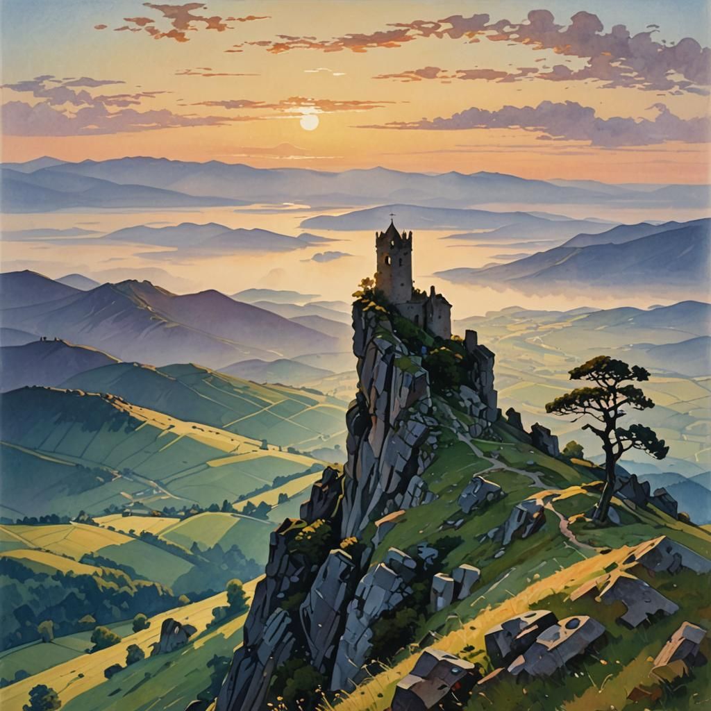 Mountain Tower at Sunset: Pointillist Impression