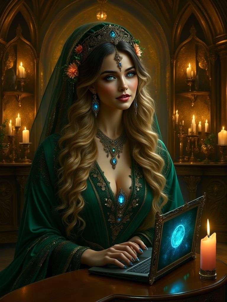 East Asian Sorceress in Hobbit House, Digital Art