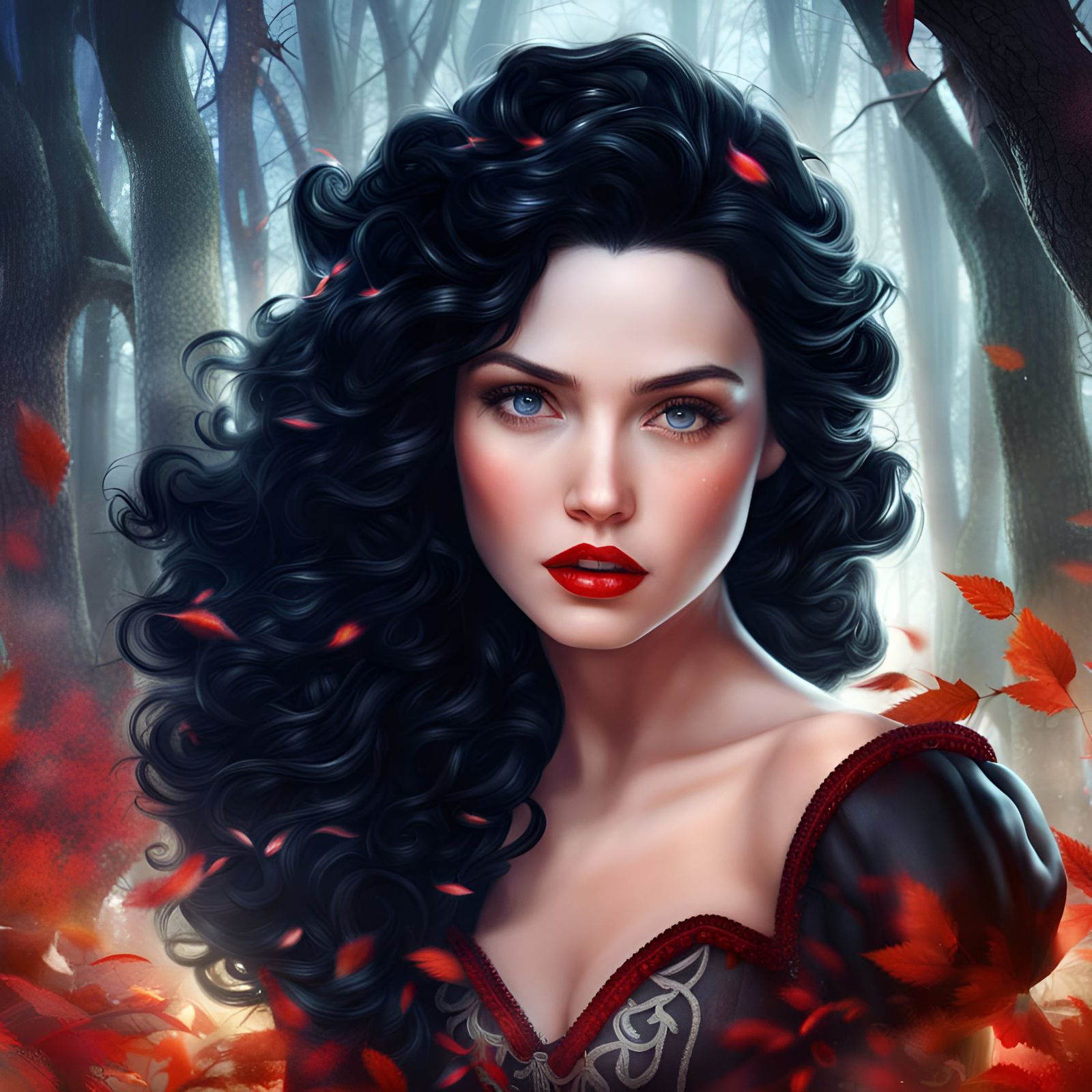 Snow White with Black Curly Hair: Fantasy Art