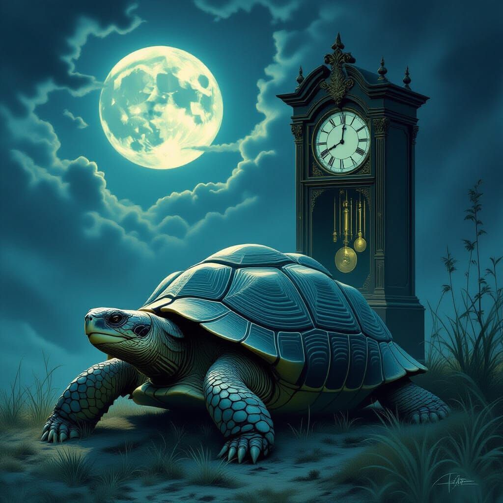 Ancient Clock on Sleeping Tortoise Under Moonlight