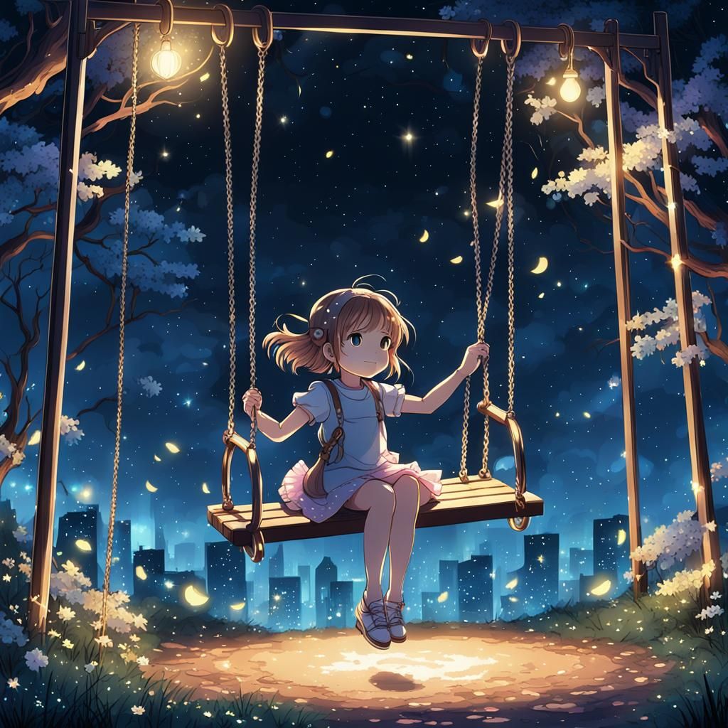 Girl on Swing: Whimsical Anime Night Scene
