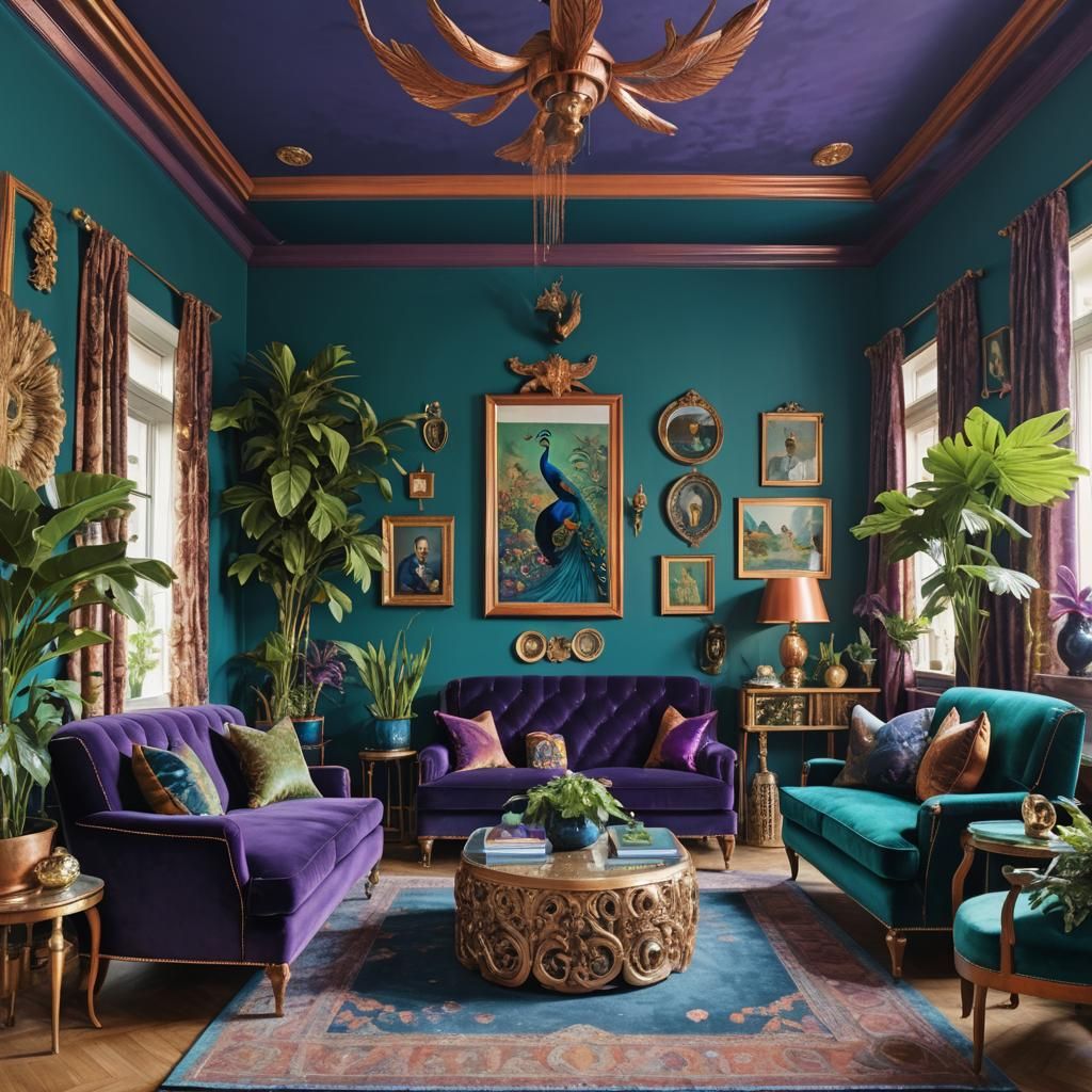 Create living room decor. Teal walls, deep purple sofa & cur...
