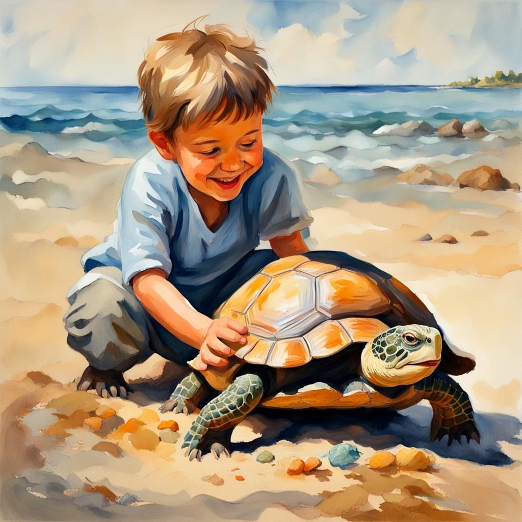Child and Turtle Play: Gouache-Style Impressionist Painting