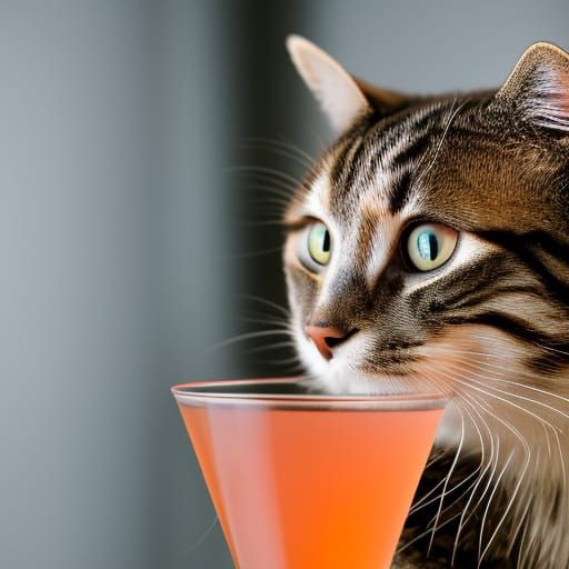 Cat Drinks a Cocktail: Photorealistic Detailed Image