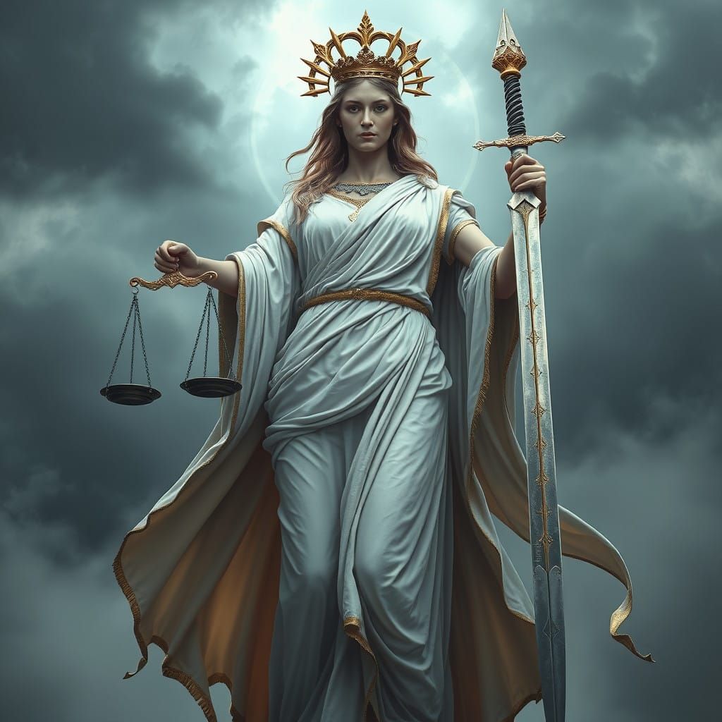 Goddess of Justice in Dramatic, Atmospheric Setting