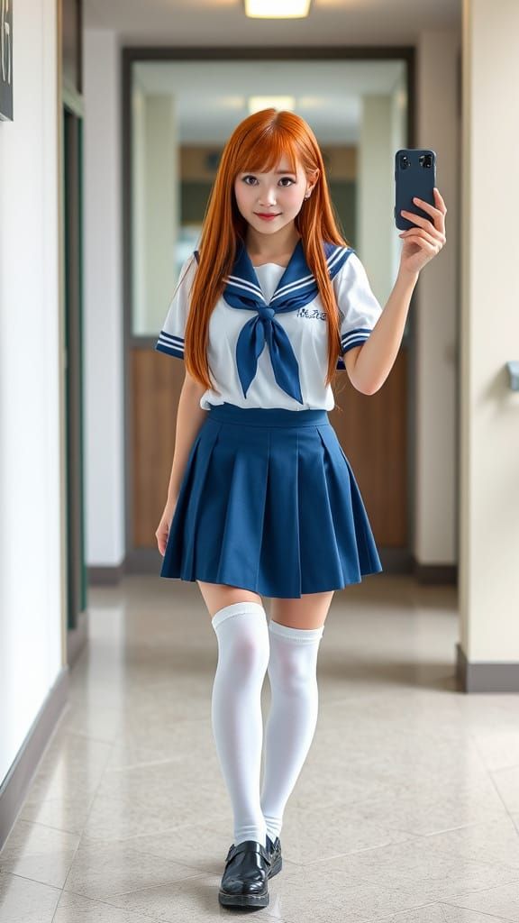 Hyperrealistic Selfie of Japanese Woman in Seifuku Uniform