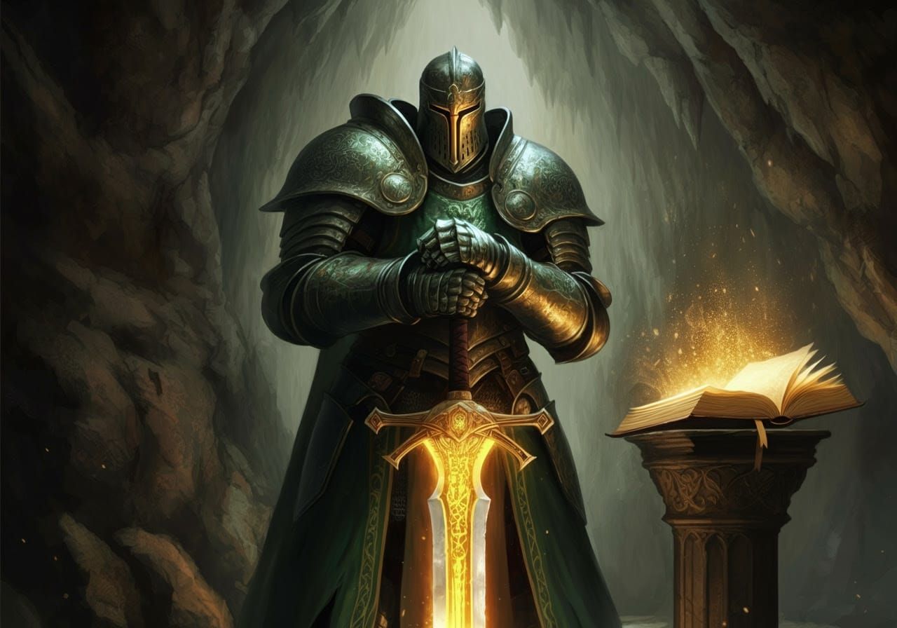 Medieval Knight Stands Before Glowing Ancient Tome in Cave