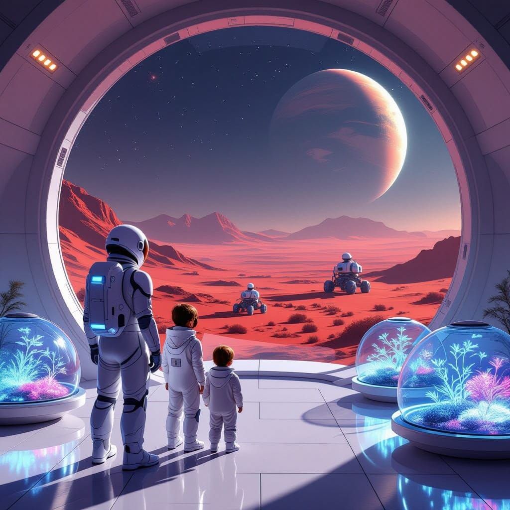 Family Gazes at Martian Desert from Biodome