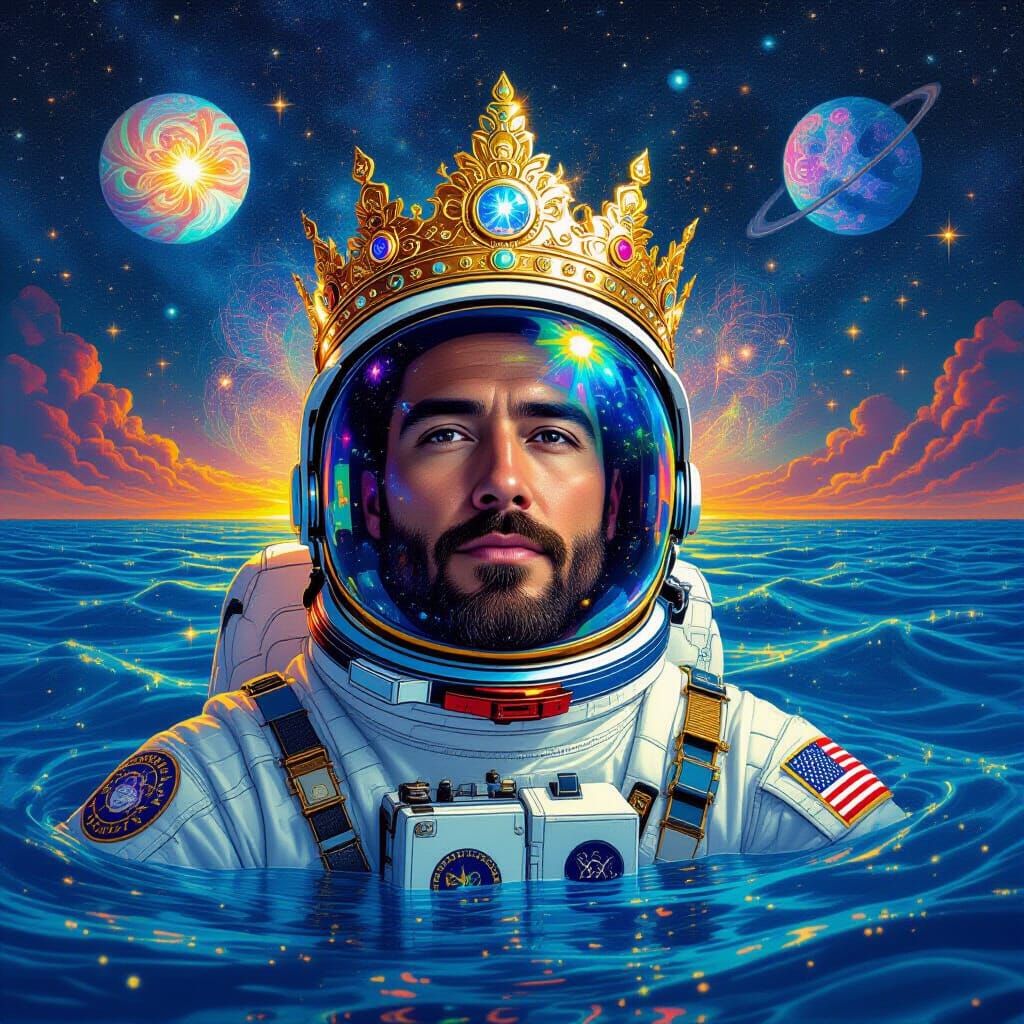 Astronaut in Ocean with Golden Crown Cosmic Illustration