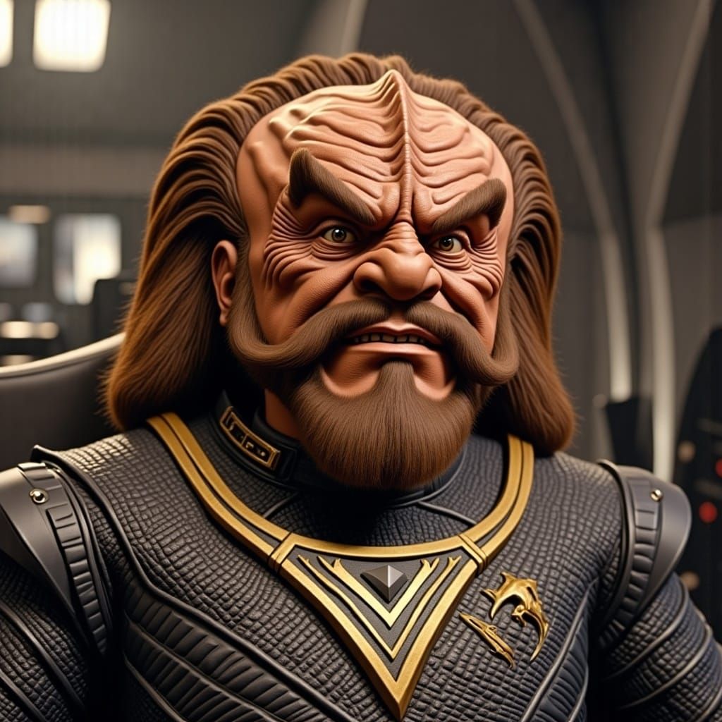 A Klingon stuffed toy, wearing a gold baldric and with a warrior smile. <lora:Klingons flux:1.0>