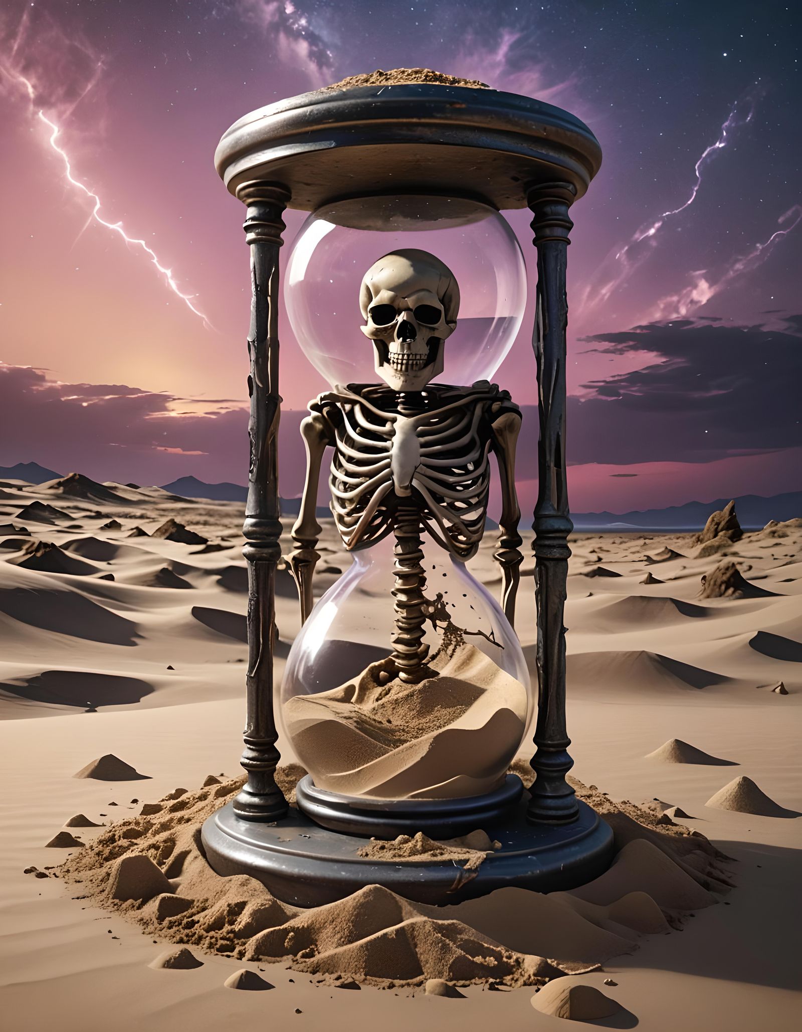 Skeletal Hand Holding Shattered Hourglass in Synthwave Style