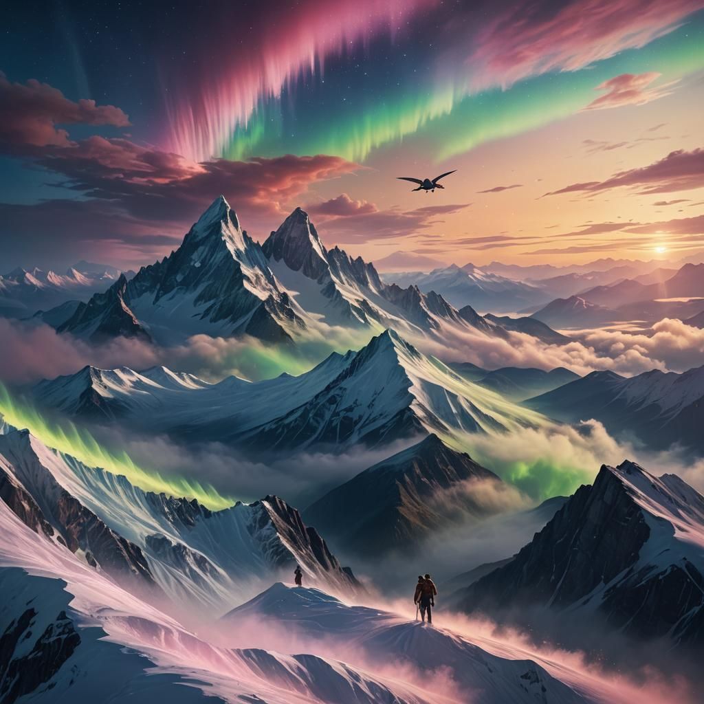 Couple Soaring Through Aurora Skies at Sunset