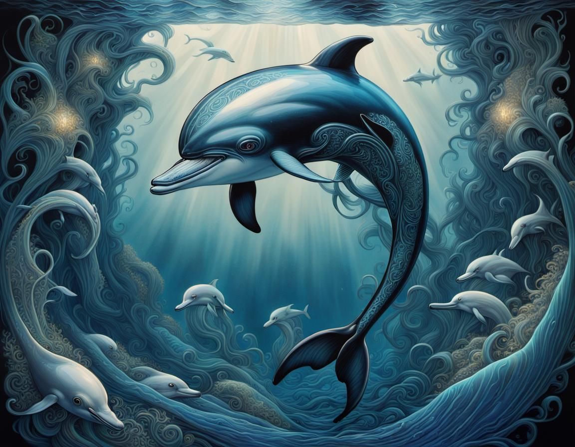 Bioluminescent Dolphin Swimming in Deep Sea: Detailed Art