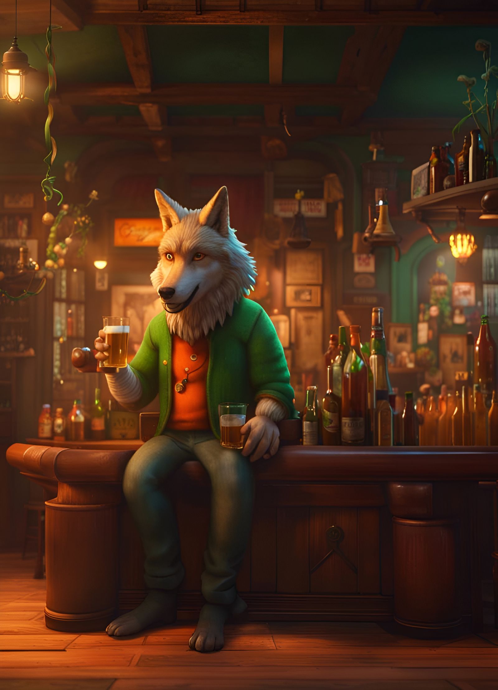 Cool Wolf Guy Enjoying Beer in DreamWorks Style Pub
