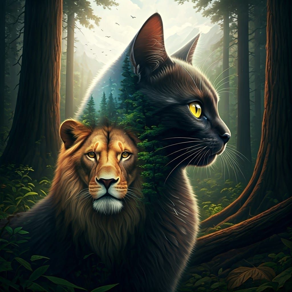 Kitten and Lion Silhouette in Forest Landscape