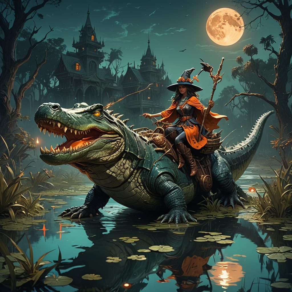 Alluring Witch Rides Alligator Under Moonlight