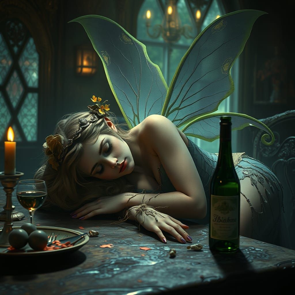 A Beautiful voluptuous tinker bell fairy, fallen asleep at a...