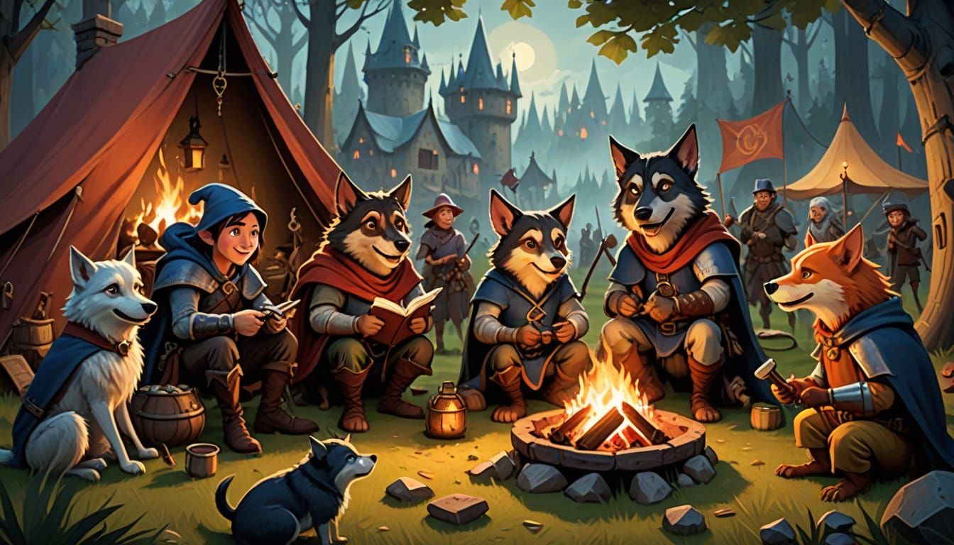 Happy Medieval D&D Characters Around Campfire, Pixar Style