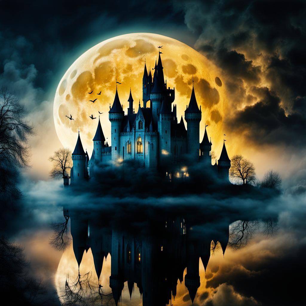 Gothic Castle Double Exposure in Dreamy Moonlit Sky
