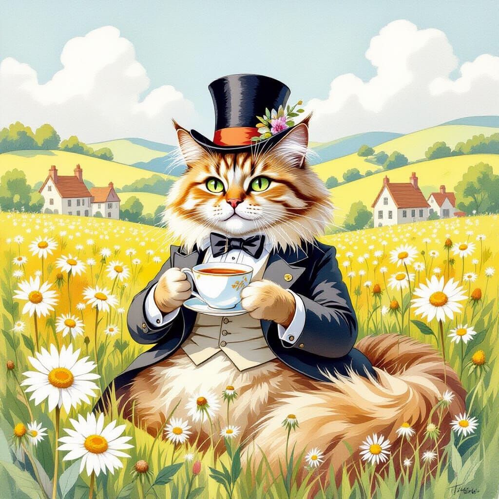 Giant Cat Sipping Tea in Meadow, Whimsical Illustration