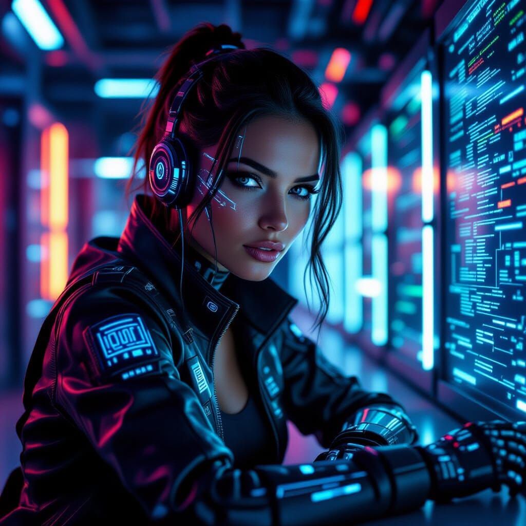 Futuristic Programmer in Neon Server Room