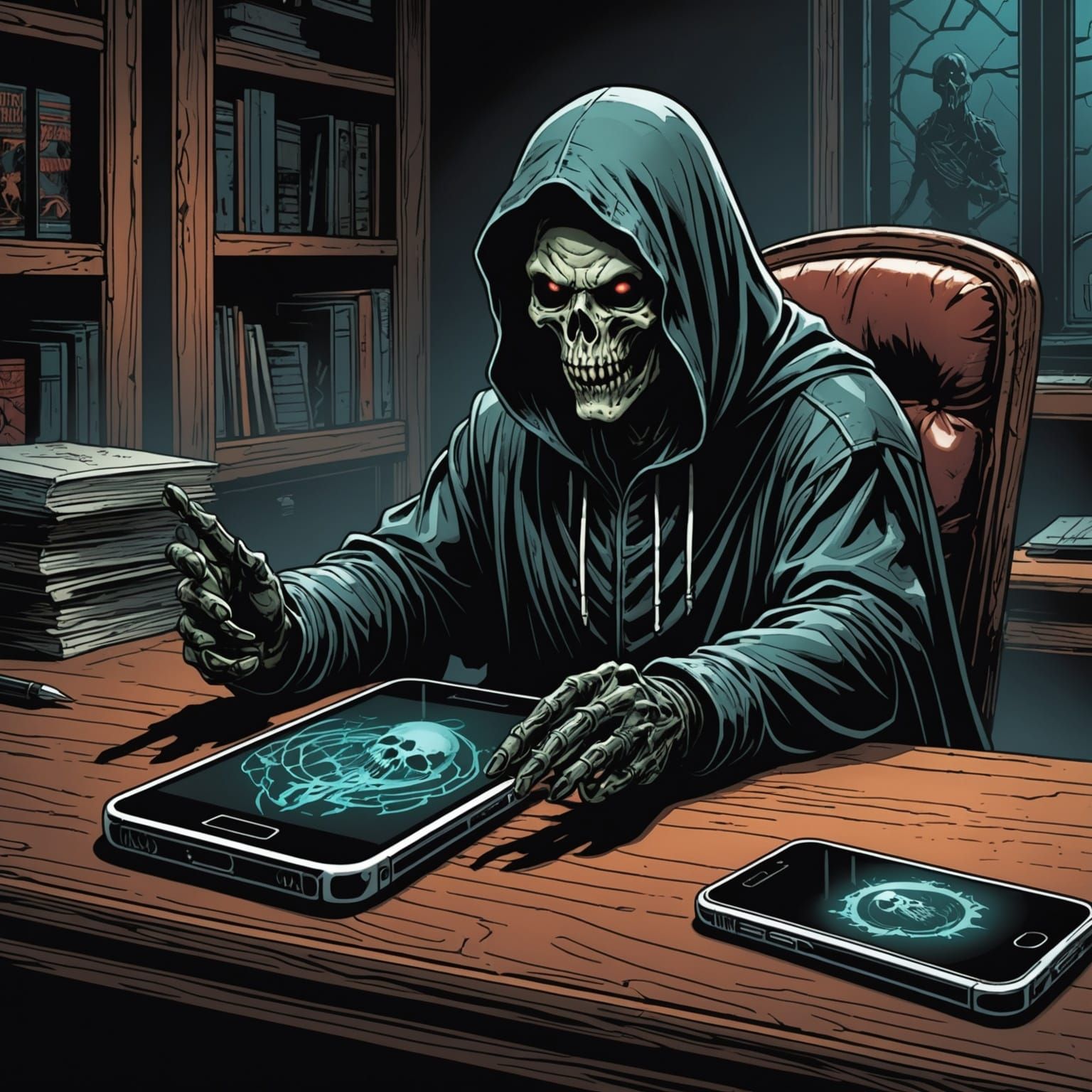 Dark Ghost Emerges from Smartphone in Comic Art