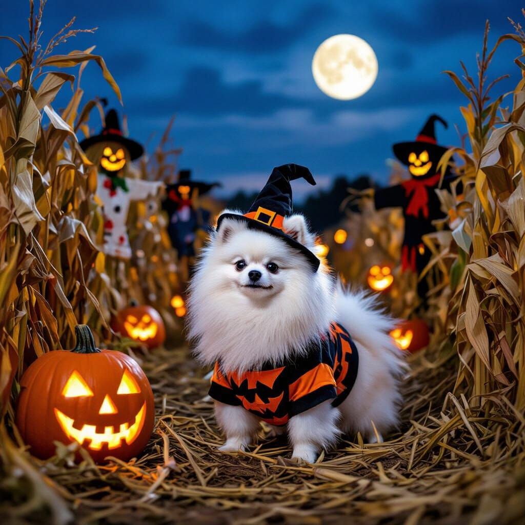 White Pomeranian in Halloween Costume at Haunted Corn Maze