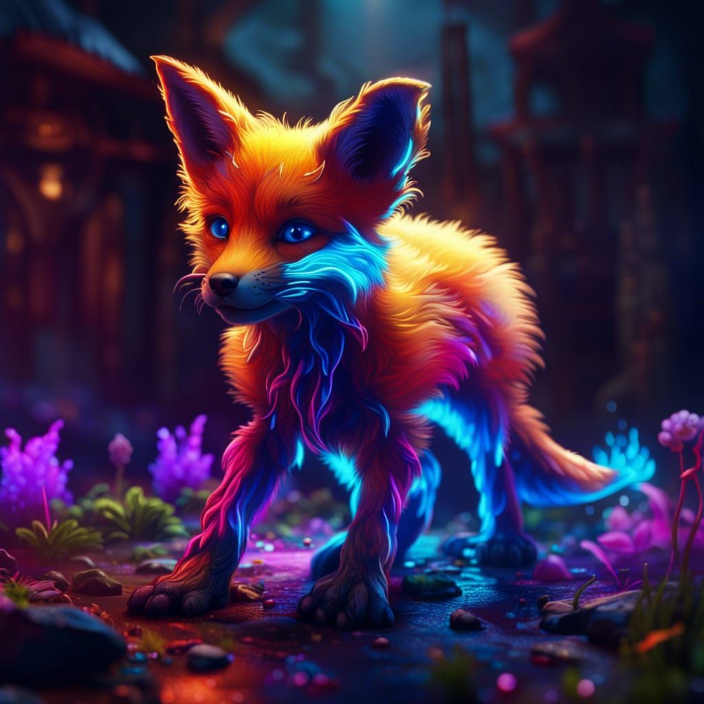Neon Fox Puppy in Detailed Matte Painting