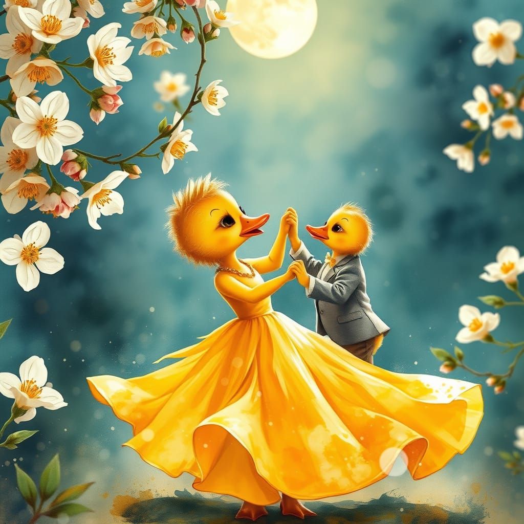 Ducklings Dancing in Moonlit Garden Watercolor