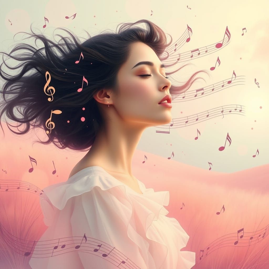 Dreamy Woman with Music Notes in Ethereal Landscape