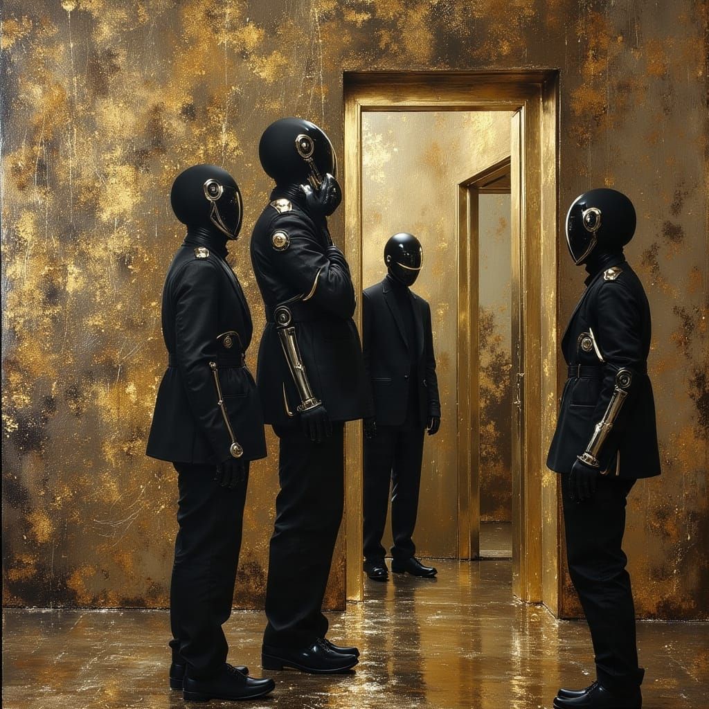 People in Abstract Suits with Masks in Malevich Style