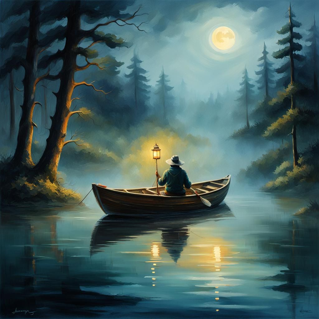 Fishman on Misty Lake: Atmospheric Oil Painting
