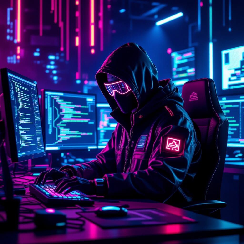 Neon Hacker in Dark Room: Cyberpunk Digital Art