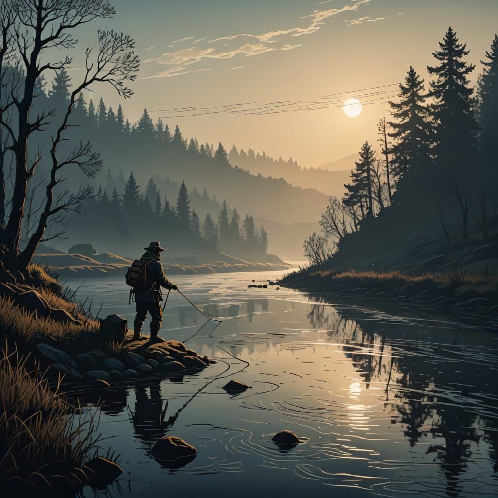 Lino cut. A grizzled fisherman casts his line into a misty r...