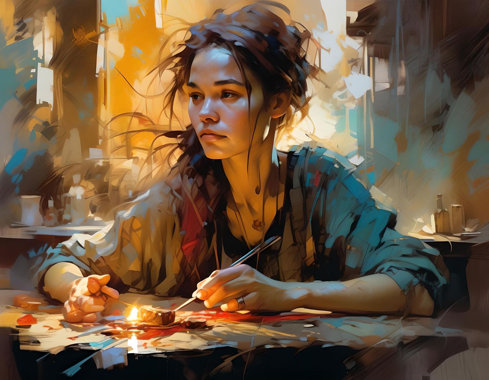 Dreamy Woman in Warm Lighting, Vector Art Style