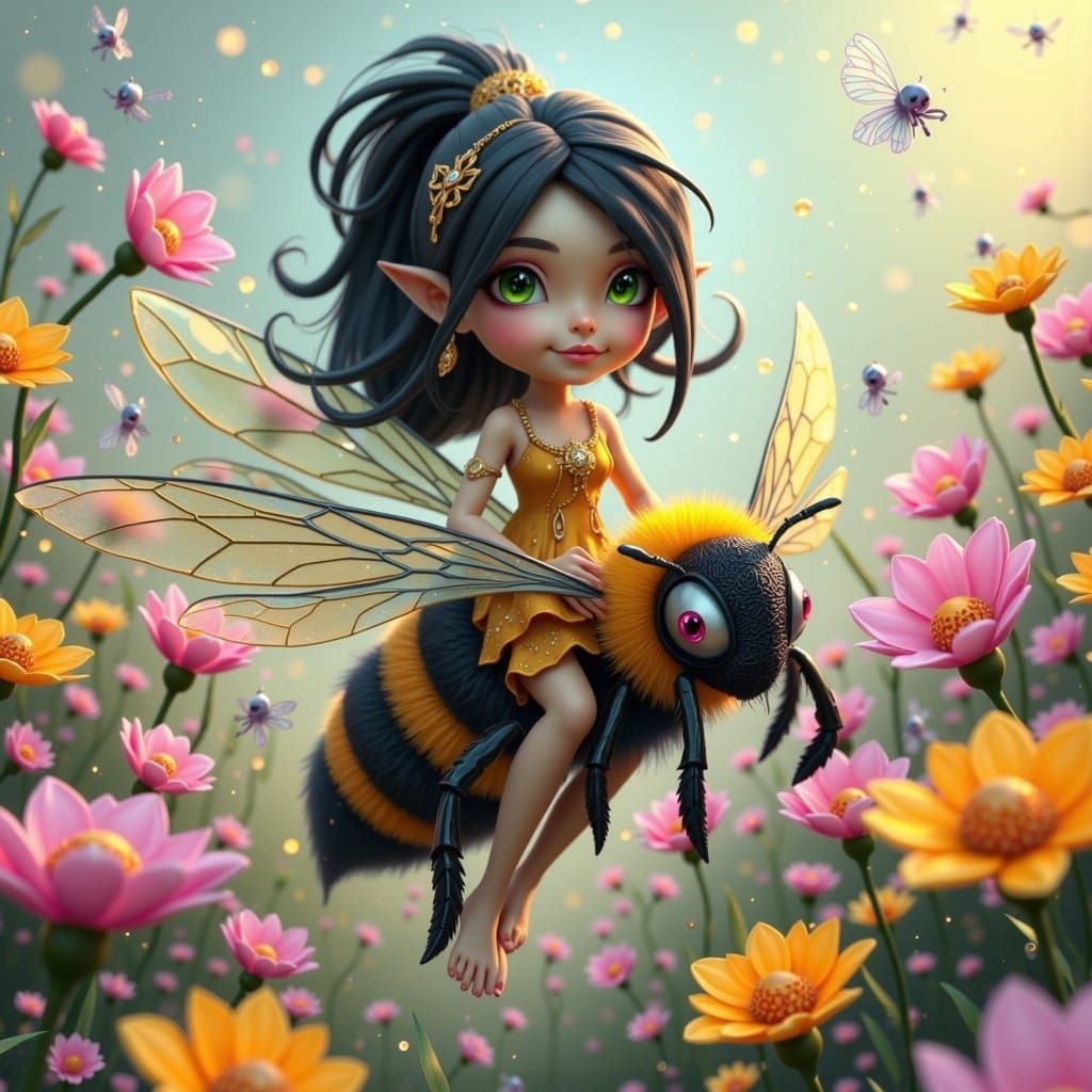 Pixie Rides Bumblebee in Fantasy Flower Field, 3D Animation