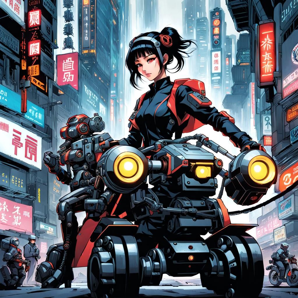 Cyberpunk Girl Rides Her Mecha Robot