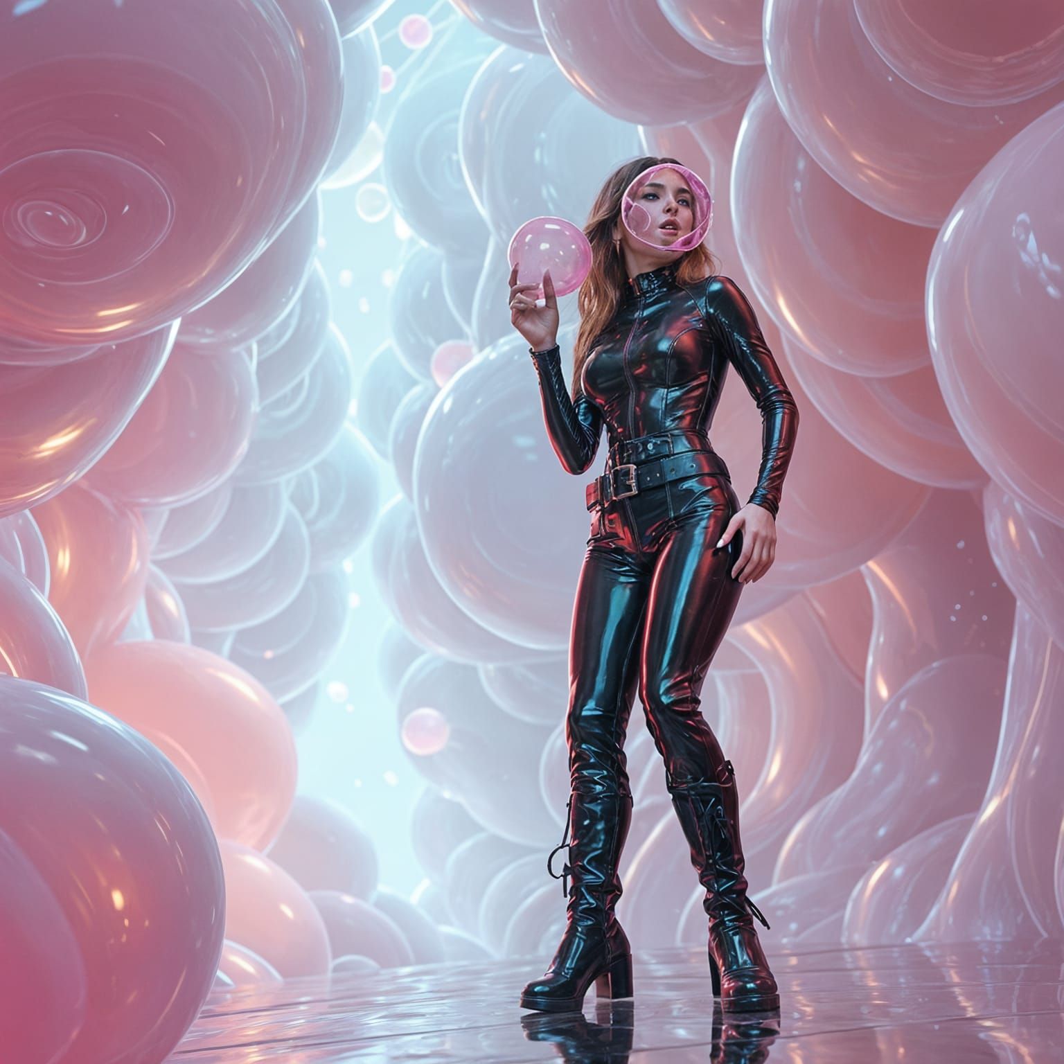 Glossy Latex Catsuit in a Fantastical Bubblegum Realm