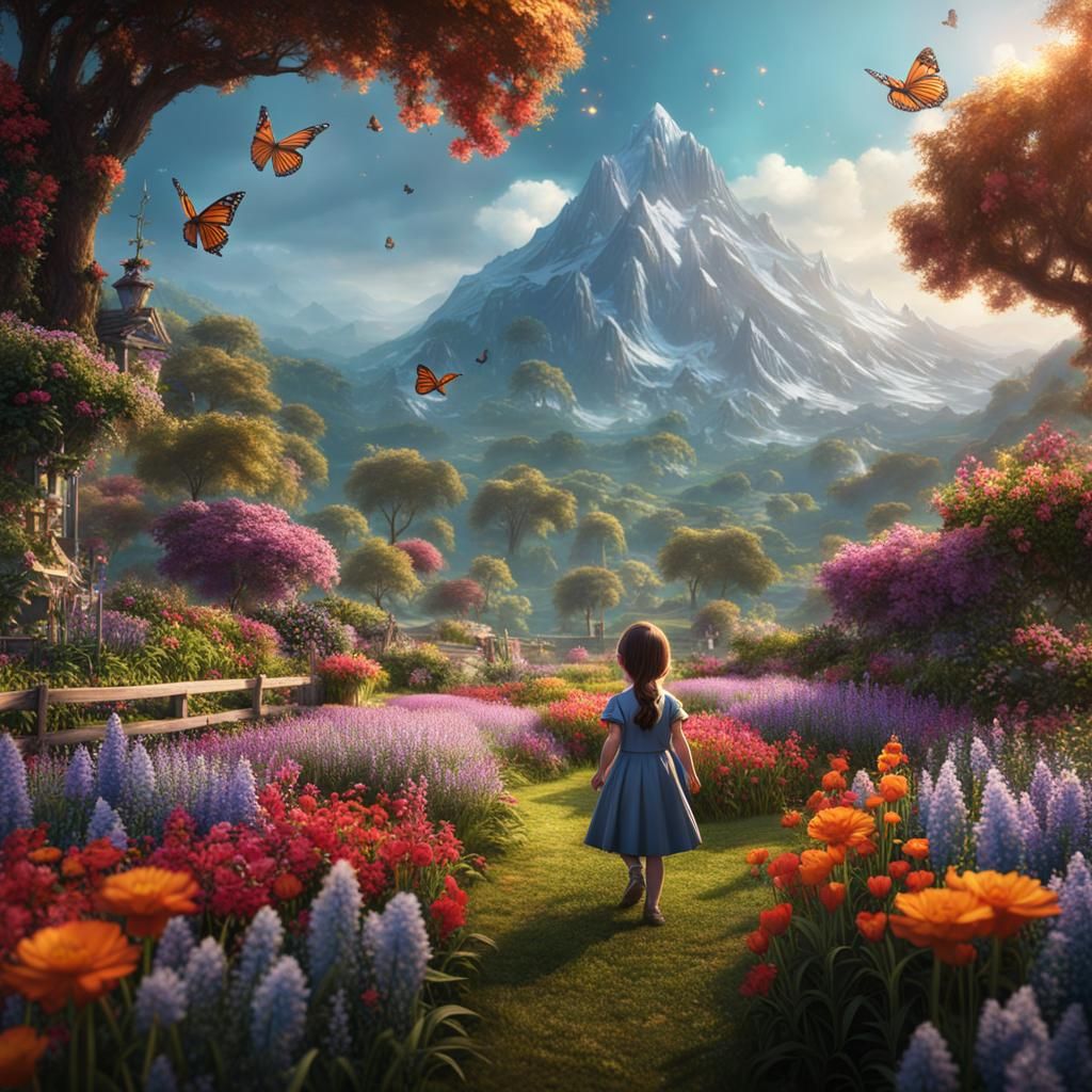 Girl Picking Flowers in Mountain Garden: Fantasy Art