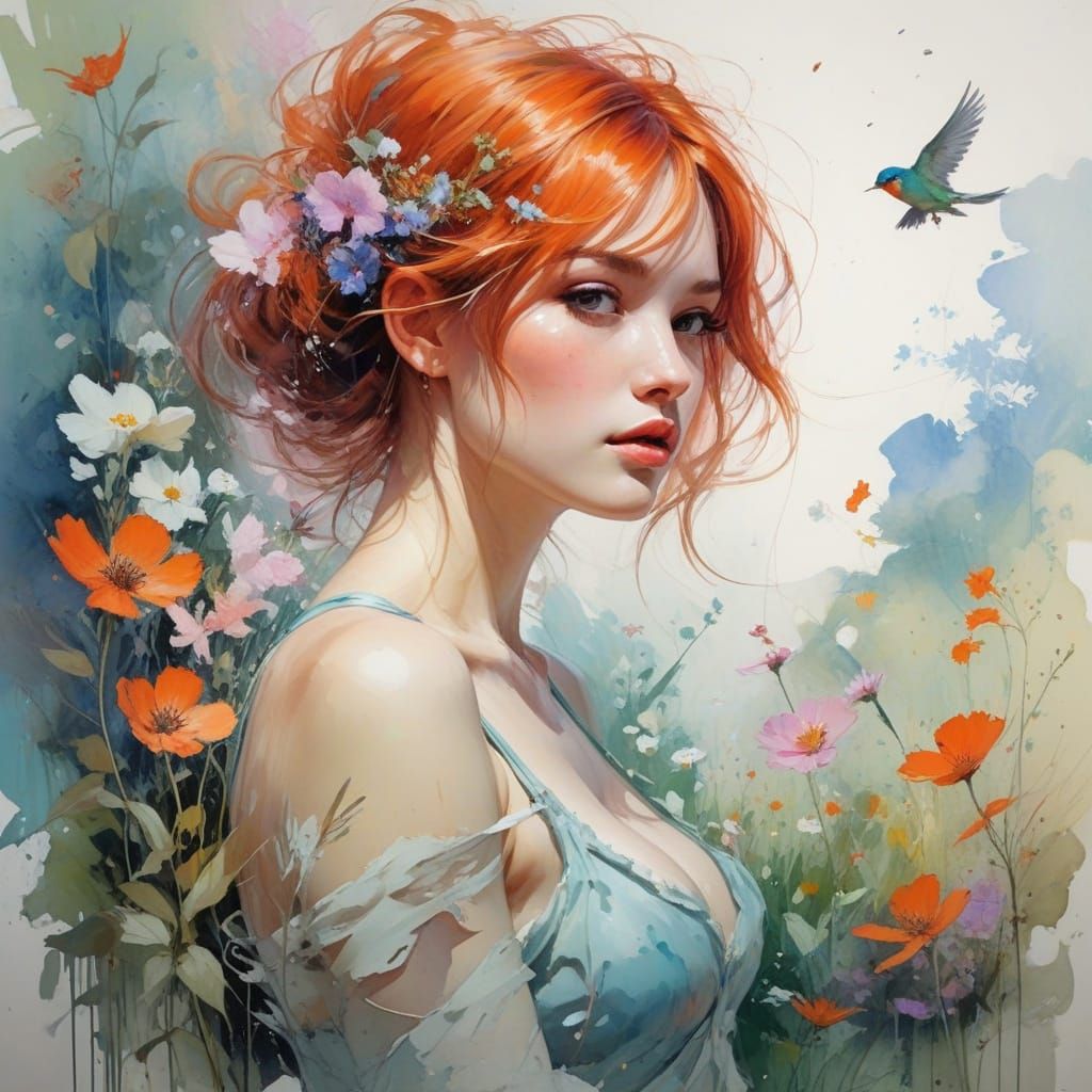 Vibrant Watercolor Scene of Blossom Tree in Sunlit Meadow