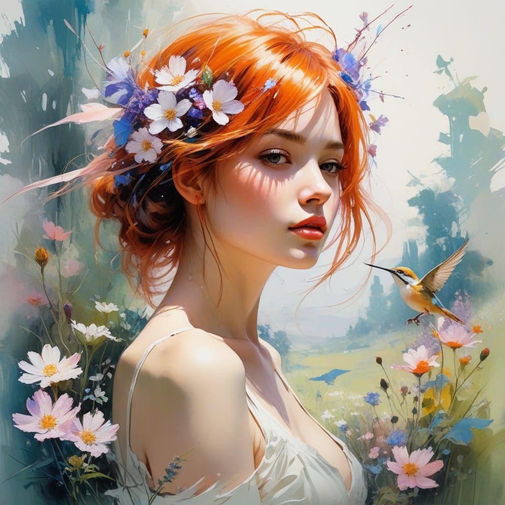 Vibrant Watercolor Scene of a Blossom Tree in a Sunny Meadow