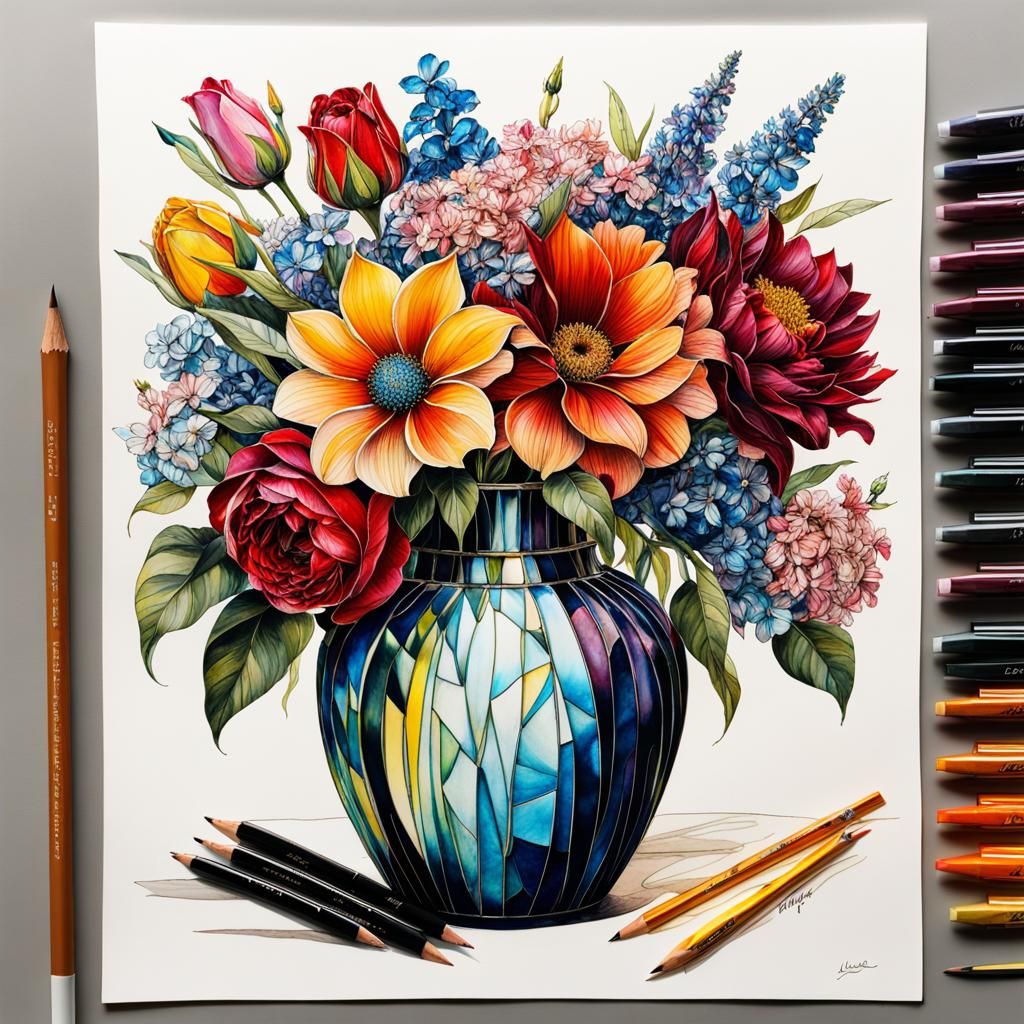 Stained Glass Floral Still Life, Ink and Watercolor