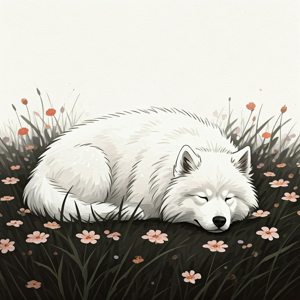 Minimalist Ink Sketch of Samoyed Puppy in Flowers