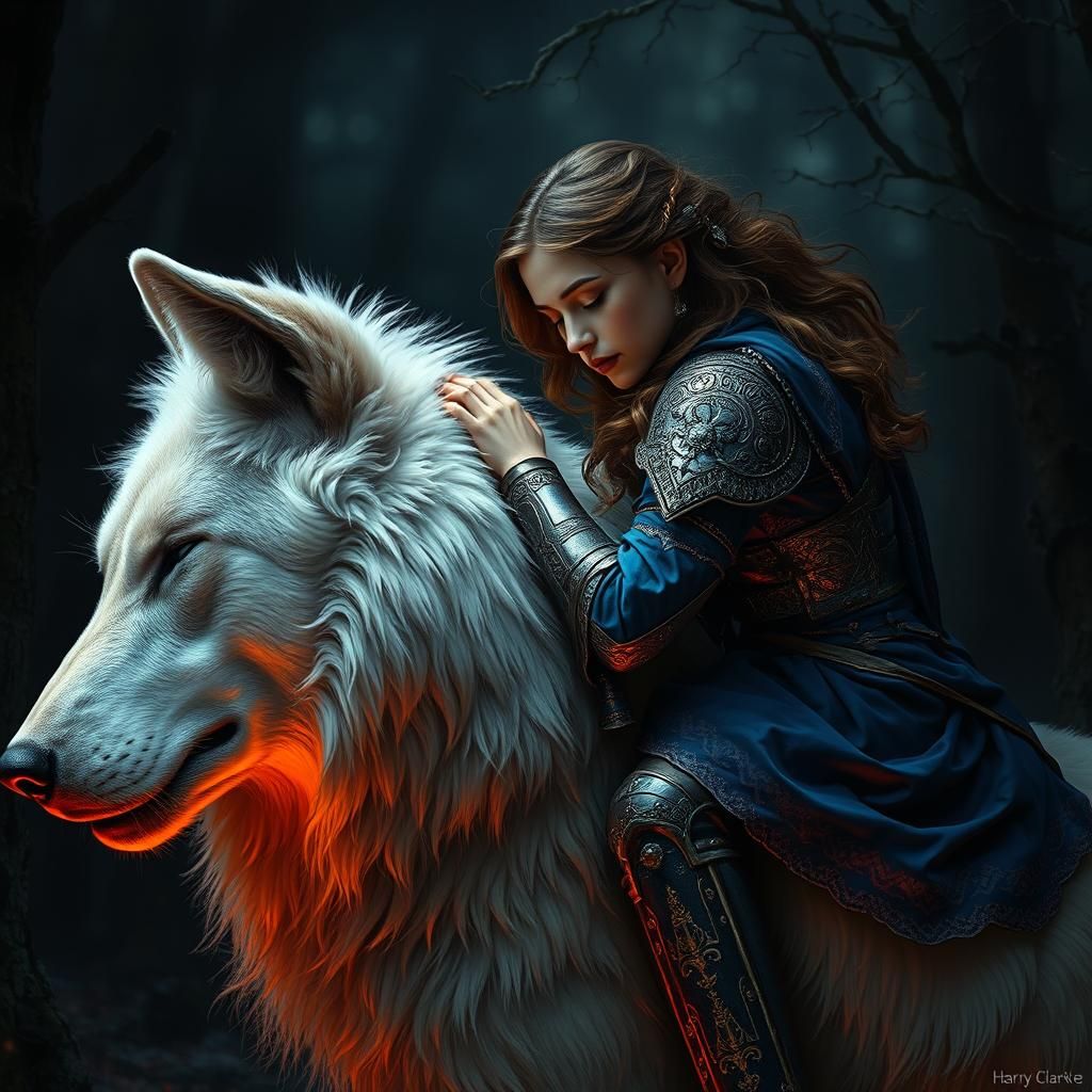 Woman on Dire Wolf: Art Nouveau Digital Illustration